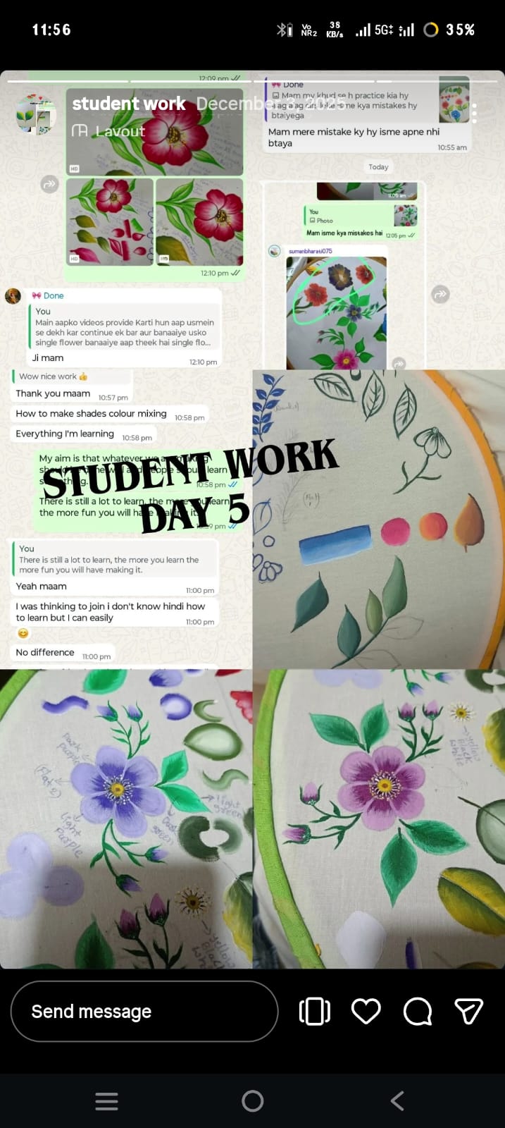 Student review showing artwork progress