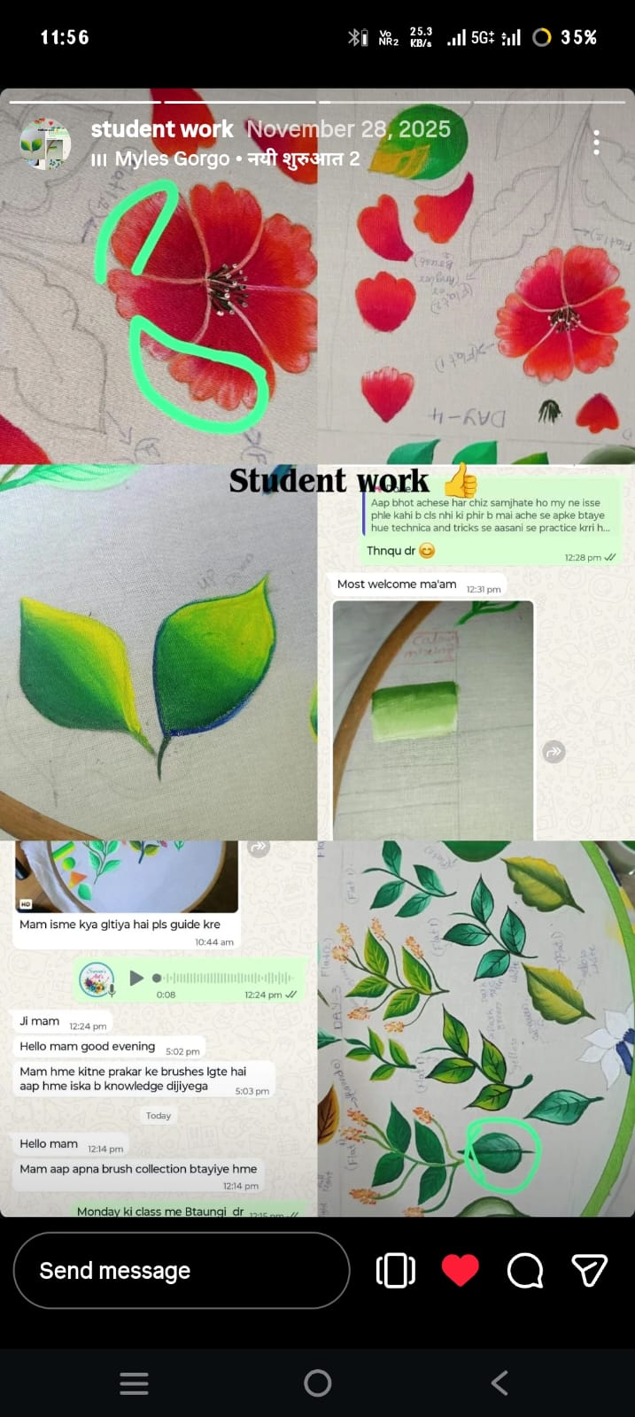 Student review with completed paintings